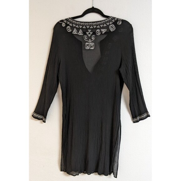 CHICO'S Women's Black Silk Embroidered Deep-V Cover-Up Beach Cruise 10/12 - Picture 7 of 11